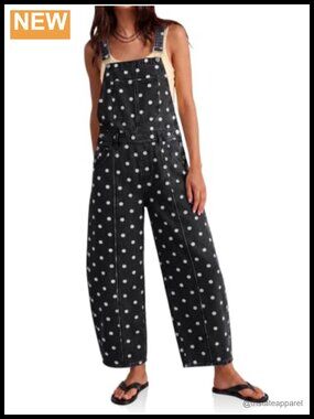 Polka Dot Denim Bib Overalls Barrel Leg Jean Jumpsuit